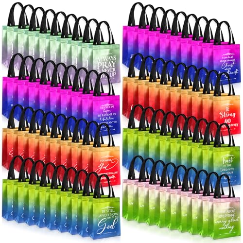 Aliceset 64 Pcs Christian Gift Bags Bulk with Handles for Church Favors Reusable Medium Bible Verse Religious Gift Bags Non Woven Welcome Totes for Baptism Vacation Bible School Gifts (Gradient) - color: Gradient