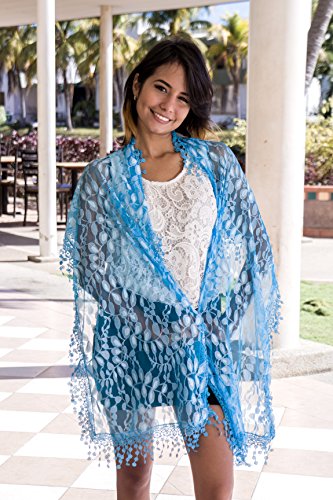 Cindy & Wendy Lightweight Soft Leaf Lace Fringe Scarf Bridal Shawl for Women - color: Turquoise Blue