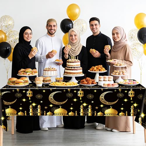 Eid Mubarak Tablecloth Ramadan Decorations for Table Ramadan Mubarak Table Cover for Eid Al-fitr Muslim Islam Party Decor Sign 54 x 108 Inch Black & White
