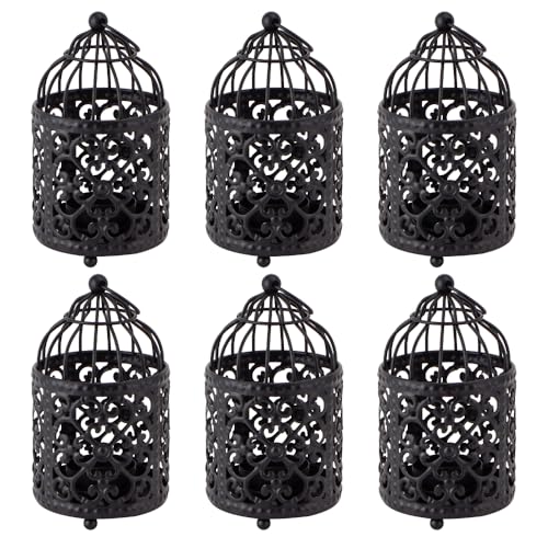 JHY DESIGN 6 Pcs 5.5 inch Height Small Metal Candle Stick Holder Hanging Birdcage Tealight Lantern Hollow Candle Holders for Table Valentine Patio Indoor Outdoor Gifts(Black)