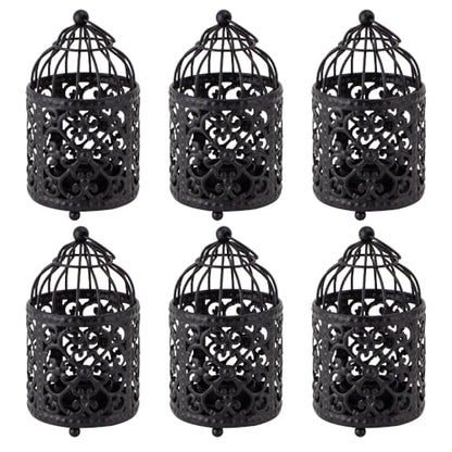 JHY DESIGN 6 Pcs 5.5 inch Height Small Metal Candle Stick Holder Hanging Birdcage Tealight Lantern Hollow Candle Holders for Table Valentine Patio Indoor Outdoor Gifts(Black)