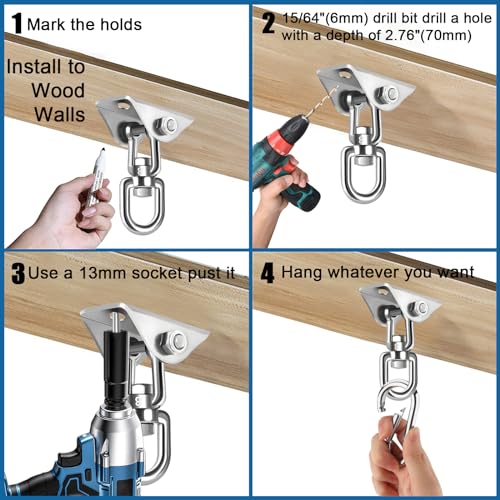 Hammock Hanging Kit, 2 Pack Hanging Chair Hardware 360°Rotating Hammock Hooks Heavy Duty, Hammock Chair Hanging Kit & Swing Ceiling Hook Snap for Hammock Chair,Heavy Bag,Seat,Yoga,Gym,1000 lb Capacity