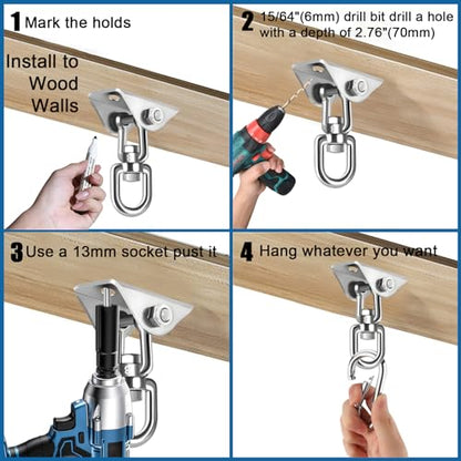 Hammock Hanging Kit, 2 Pack Hanging Chair Hardware 360°Rotating Hammock Hooks Heavy Duty, Hammock Chair Hanging Kit & Swing Ceiling Hook Snap for Hammock Chair,Heavy Bag,Seat,Yoga,Gym,1000 lb Capacity