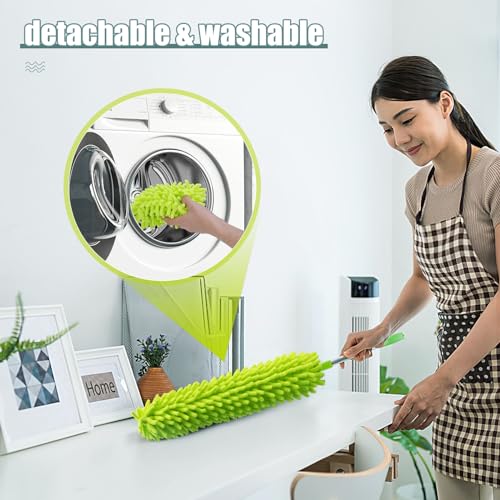 Microfiber Duster with Extension Pole 30 to 100'', Bendable Reusable Washable Feather Dusters for Cleaning High Ceiling Fan, Cobweb, Blinds, Keyboard, Furniture & Cars, Green Gift for Women (11 PCS)