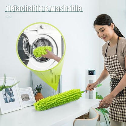 Microfiber Duster with Extension Pole 30 to 100'', Bendable Reusable Washable Feather Dusters for Cleaning High Ceiling Fan, Cobweb, Blinds, Keyboard, Furniture & Cars, Green Gift for Women (11 PCS)