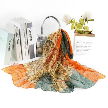 E-Clover Women Soft Floral Print Shawl Chiffon Sheer Scarf - color: Orange Green