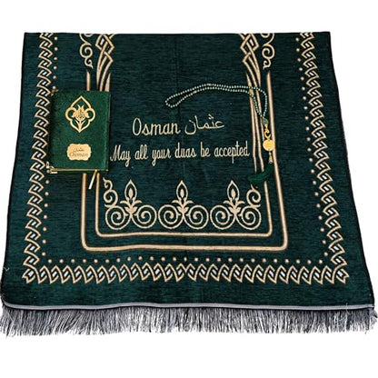 IEF Personalized Embroidered Prayer Rug Prayer Beads Yaseen Dua Book Quran Islamic Gift Set Ramadan Eid Hajj Umrah Wedding Birthday Mother's Day Father's Day Valentine's Day Gifts (Green) - color: Green