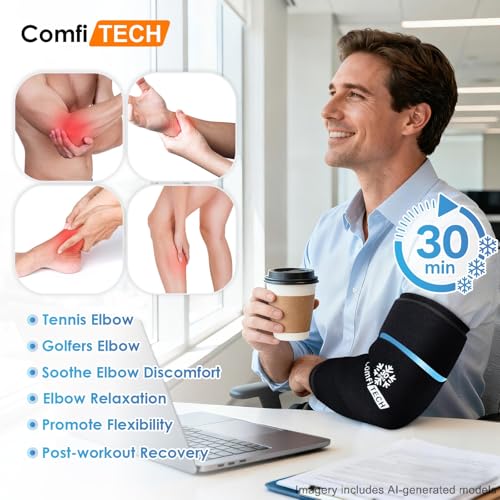 ComfiTECH Dual-Gel Elbow Ice Pack Wrap for 30-Minute Cooling & Injuries, Reusable Gel Forearm Brace for Tendonitis, Cold Compression Sleeve for Pitchers, Tennis Elbow & Golfer Arm Relief, M, 2 Packs - size: Medium
