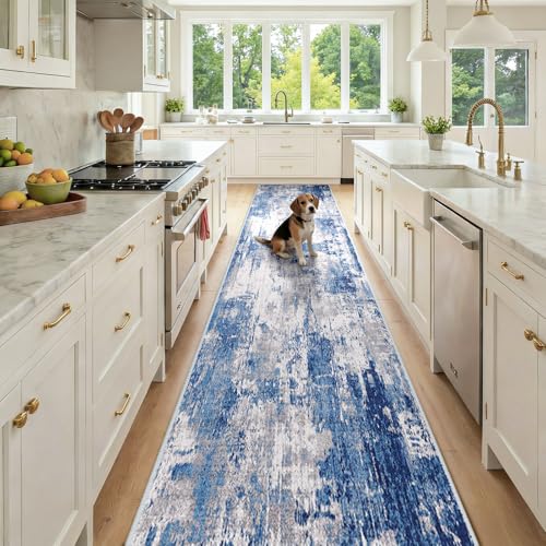 RELEANY Washable Runner 2'6"x14' Abstract Area Rug for Hallway Blue Gray - color: Blue/Gray, size: 2'6" x 14' (Runner)