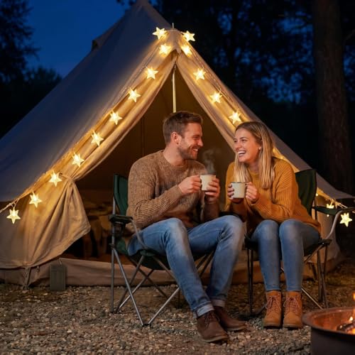 Star String - 17 ft 50 LED Star Fairy String Lights with Timer, Waterproof for Indoor Bedroom Tent Loft Bed Patio Party Wedding Ramadan Decorations, Warm White