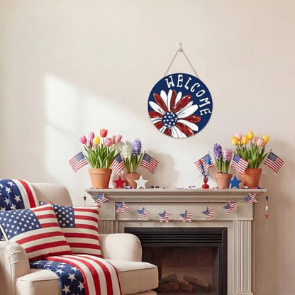 Smile Patriotic Flower Welcome Wooden Round Door Hanger, American Flag Themed Front Door Sign for 4th of July & Memorial Day Decor - style: Patriotic Daisy