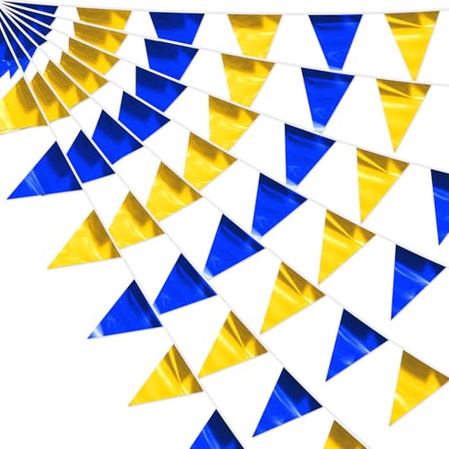 4P Blue Gold Party Decorations - Metallic Fabric Triangle Pennant Banner Flags - Indoor/Outdoor Bunting Garland for Birthday, Wedding, Graduation & Theme Parties - color: Blue Gold