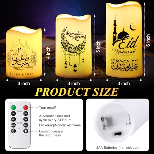 Tujoe 3 Pcs Eid Mubarak Flickering Flameless Candles Ramadan Decor Eid Mubarak LED Battery Operated Candles Candle Lights for Muslim Eid Ramadan Decor for Home(Moon) - style: Moon