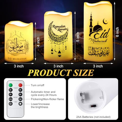 Tujoe 3 Pcs Eid Mubarak Flickering Flameless Candles Ramadan Decor Eid Mubarak LED Battery Operated Candles Candle Lights for Muslim Eid Ramadan Decor for Home(Moon) - style: Moon