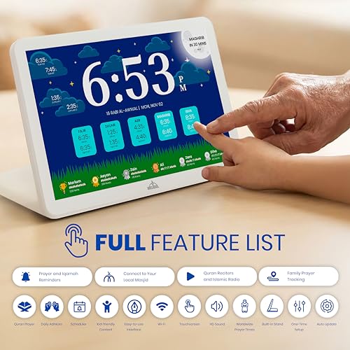 Masjidal 10" Smart WiFi Digital Azan Clock & Islamic Prayer Frame – Automatic Worldwide Prayer & Iqamah Times, Full Quran Player, Athan Alarm, Ramadan Clock, Touchscreen Muslim Home Display, White - color: White, size: 10 Inches