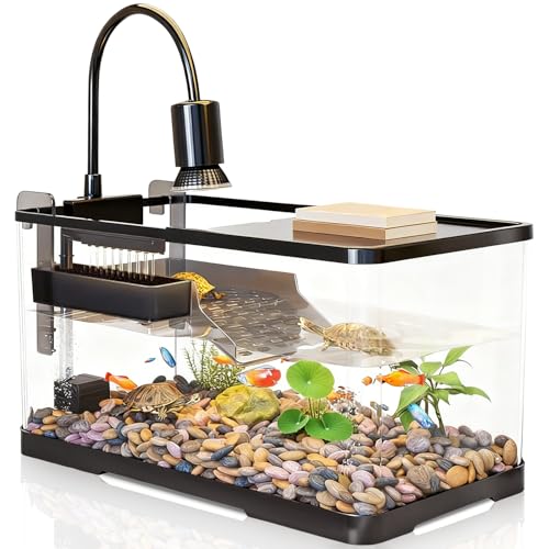 (Tank + Light +Pump + Filter Balls) Turtle Tank Kit, Turtle Tank Starter Kit,Bottom Drainage, Multi-Function Areas for Turtles, Crabs,Fishes, Amphibians,Reptiles. (15.75 x 8.64 x 8.64 Inch) - size: M+Light+Pump+Filter Balls