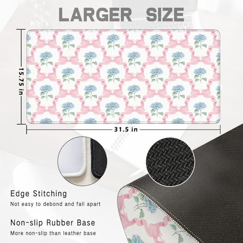 Blue Hydrangea Large Mouse Pad 31.5x15.7inch, Trendy Coquette Pink Bow Flower Aesthetic Large Extended Computer Desk Mat Mousepad for Keyboard and Mouse, Preppy Desk Accessories - color: Color 10