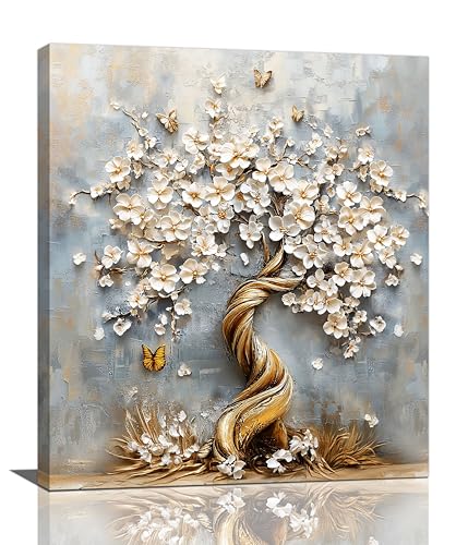 Flowers Wall Art White Blossom Butterfly Pictures Wall Decor 3d Floral Tree Of Life Canvas Print Painting Modern Home Decoration Unframed Artwork for Living Room Bedroom Kitchen Office 20"X24" - color: Blossom Ttree, size: 20"L x 24"W