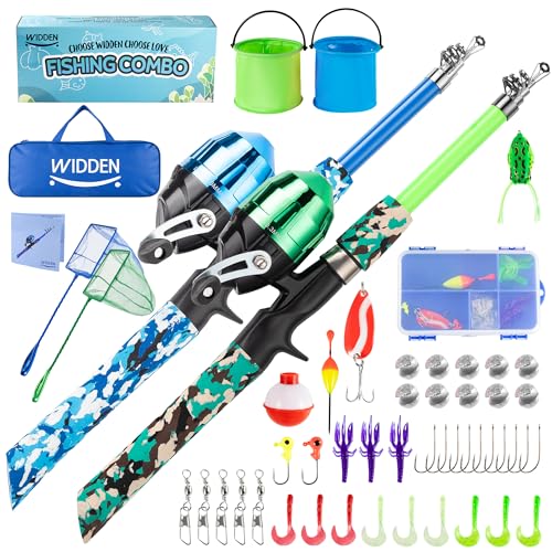 WIDDEN Kids Fishing Pole, Portable Telescopic Kids Fishing Poles for Boys and Girls, Fishing Rod and Reel Combo Kit with Tackle Box, and Fishing Net, Best Fishing Pole for Toddler Youth - color: Blue+Green