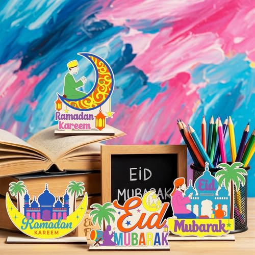 DoubleFill 16 Pcs Wooden Islamic Crafts, DIY Mubarak Tabletop Signs with Paint Strips and Brushes, Paint Your Own Muslim School Classroom Art Activity Kit for Mosque Party Home Decor, Back to School - style: Ramadan