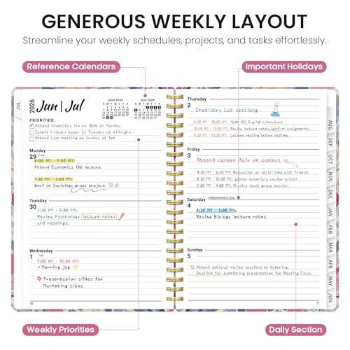 Planner 2026–2027, Academic Monthly Weekly Spiral Calendar, July 2026 – June 2027, Hardcover Agenda Notebook with Tabs, 6.3" x 8.5", Perfect for Students, Teachers, School & Daily Planning - Soft Blossoms - color: H-Soft Blossoms, size: (6.3"x8.5")a5