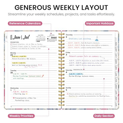 Planner 2026–2027, Academic Monthly Weekly Spiral Calendar, July 2026 – June 2027, Hardcover Agenda Notebook with Tabs, 6.3" x 8.5", Perfect for Students, Teachers, School & Daily Planning - Soft Blossoms - color: H-Soft Blossoms, size: (6.3"x8.5")a5