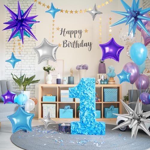 Blue Purple Silver Star Balloons,16Pcs 22/18/10 Inch Foil Galaxy Decor - color: Blue Purple Silver