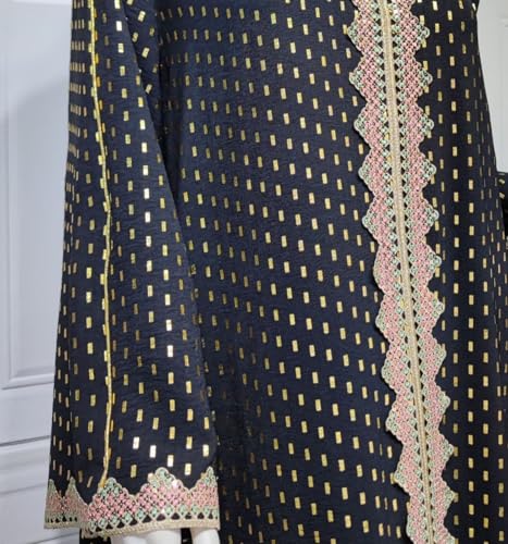 Women Muslim Abaya Dress V Neck Embroidered Kaftan Long Sleeve Loose Islamic Maxi Prayer Robe for Ramadan Eid - color: Black, size: Medium