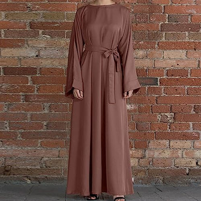 Ctreela Abaya Muslim Dresses for Women Girls Pockets Islamic Prayer Clothes with Tie Waist Ramadan Tarawih Sawm Outfits - color: Brown, size: Large