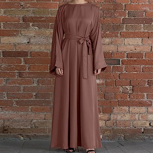 Ctreela Abaya Muslim Dresses for Women Girls Pockets Islamic Prayer Clothes with Tie Waist Ramadan Tarawih Sawm Outfits - color: Brown, size: Large