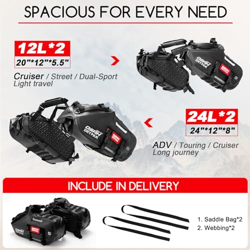 OSAH DRYPAK Motorcycle Saddle Bags, Waterproof Durable Saddlebags 48L(24L*2), Large Capacity Anti-Vibration Pannier Bags, Ideal Luggage Bag for Adventure and Sport Motorcycle Racks, 1 Pair - size: 48L