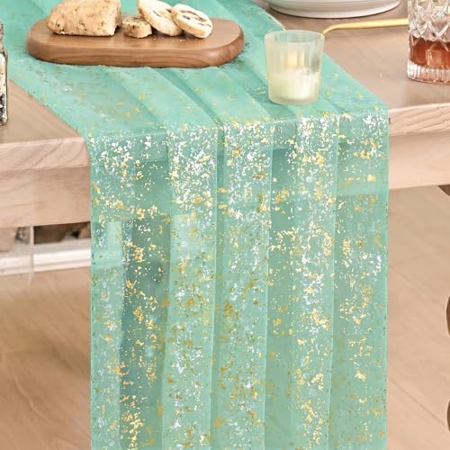 Artoid Mode Turquoise Gauze Gold Table Runner 10FT, Glitter Metallic Foil Sheer Dining Wedding Anniversary Holiday Table Decor for Home Party - color: Turquoise, size: 28" x 120"