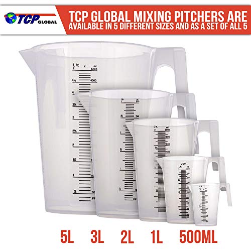 TCP Global 2 Liter (2000ml) Plastic Graduated Measuring and Mixing Pitcher (Pack of 4) - Holds Over 2 Quarts (64oz) - Pouring Cup, Measure & Mix Paint, Resin, Epoxy, Kitchen Cooking Baking Ingredients - size: 2000ml