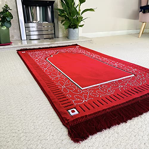 Mihrab Patterned Original Luxury Velvet Prayer Mat/Rug- 750g Weight | Made in Turkey (Burgundy) - color: Burgundy