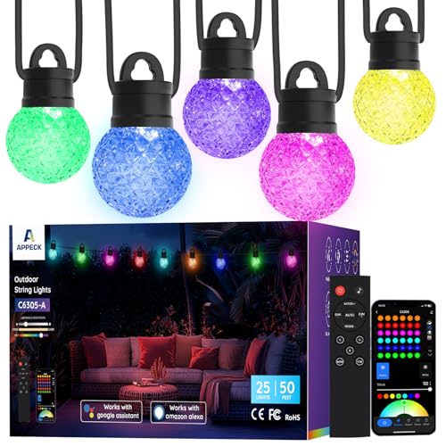 APPECK Smart Outdoor String Lights 50ft, RGBW Patio Light with 25 LED Bulbs - size: 50FT