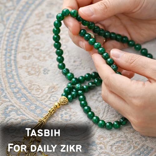 Amazing Gemstone Crystal Tasbeeh with Moon and Star Charm - Certified Crystal Muslim Prayer Beads Natural Gemstone Tasbih Gift for Ramadan Dhikr and Daily Namaz (G) - color: Green Jade (dye)