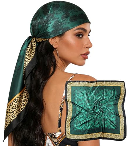 Sumolux Head Hair Scarf for Women 35" Like Satin Silk Scarf Hair Wrapping Night Bandana Large Square Scarves - color: B Dark Green Flowers