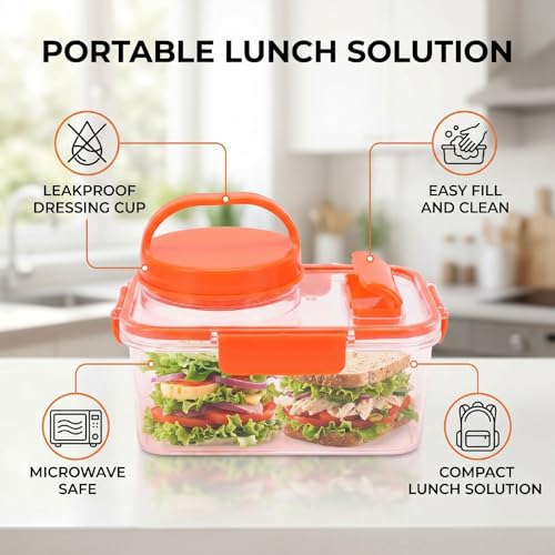 Fockety Salad Container, Portable Leakproof Salad Podd, On the Go Microwave Safe Lunch Box with Dressing Container and Reusable Fork for Office, Work, Travel and Picnic (Orange)