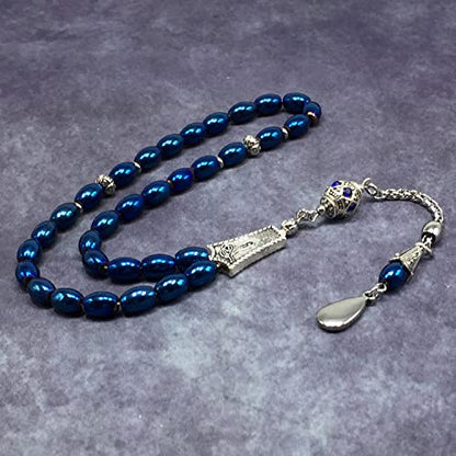 -Gentle Men Collection- Prayer Beads-Worry Beads-Tesbih-Tasbih-Tasbeeh-Misbaha-Masbaha-Subha-Sebha-Rosary (Non-Magnetic Blue Drum Hematite -6x9 mm- 33 Beads) - color: Non-Magnetic Blue Drum Hematite -6x9 mm- 33 Beads