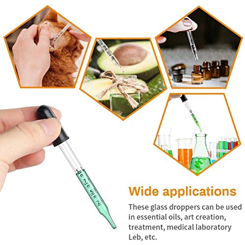 Eye Droppers for Essential Oils, Pipettes Dropper with Black Rubber Head, Calibrated Thick Glass Medicine Dropping Pipettes, 1ml Droppers Measurer, Dropper for Liquids, Straight-Tip, 5 Packs