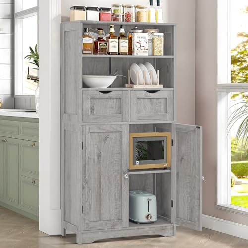 Iwell Storage Cabinet with 2 Drawers & Adjustable Shelf, Tall Bathroom Cabinet with Doors, Cupboard, Kitchen Cabinets for Living Room, Dining Room, Entryway, Grey - color: Grey, 2 Drawers