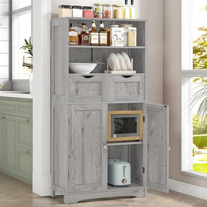 Iwell Storage Cabinet with 2 Drawers & Adjustable Shelf, Tall Bathroom Cabinet with Doors, Cupboard, Kitchen Cabinets for Living Room, Dining Room, Entryway, Grey - color: Grey, 2 Drawers