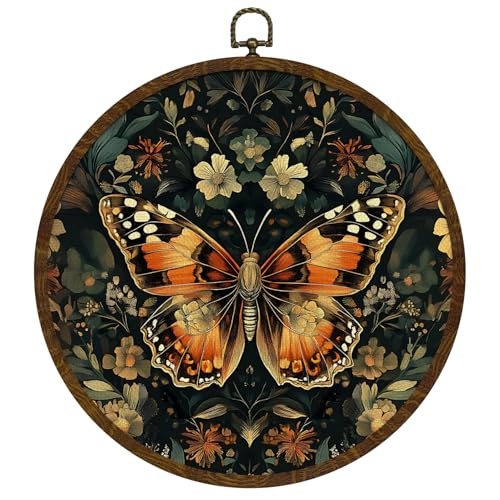 KLYTINK William Morris Inspired Butterfly Flowers Round Wall Art,Retro Insect Canvas with Frame Wall Hanging Decor, Medieval Style Round Art Decorations for Home Bedroom,or Gift 10x10In(BY0606) - color: BY0606