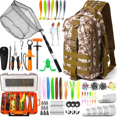 RoundFunny 256 Pcs Fishing Backpack with Tackle Box Gears, Tackle Sling Bag Backpack, Fishing Hook, Lures, Retractable Landing Net, Plier, Lip Gripper, Hook Remover, Fish Gift Men - color: Desert Camouflage