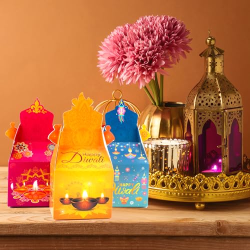 HOWAF 12 PCS Happy Diwali Candy Boxes - Diwali Party Decoration Gift Boxes - Festival of Lights Treat Boxes - Diya Goodie Boxes for Indian Deepavali Party Supplies Favor