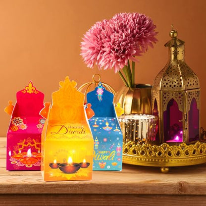 HOWAF 12 PCS Happy Diwali Candy Boxes - Diwali Party Decoration Gift Boxes - Festival of Lights Treat Boxes - Diya Goodie Boxes for Indian Deepavali Party Supplies Favor