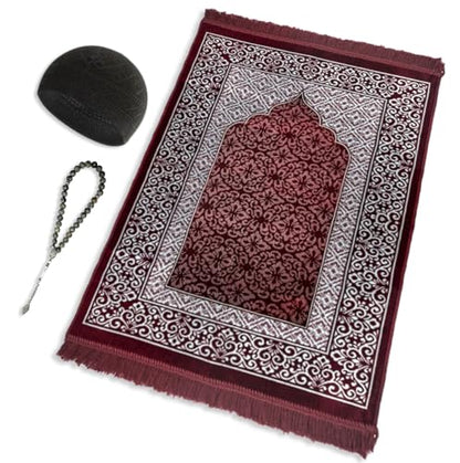 ESERRA Velvet Prayer Mat All in One Set for Islam - Thick Muslim Prayer Rug, Black Kufi Hat, Jasper Stone 33 Prayer Beads, Cotton Travel Case - Islamic Gifts (Red) - color: Red