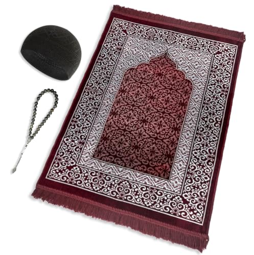 ESERRA Velvet Prayer Mat All in One Set for Islam - Thick Muslim Prayer Rug, Black Kufi Hat, Jasper Stone 33 Prayer Beads, Cotton Travel Case - Islamic Gifts (Red) - color: Red
