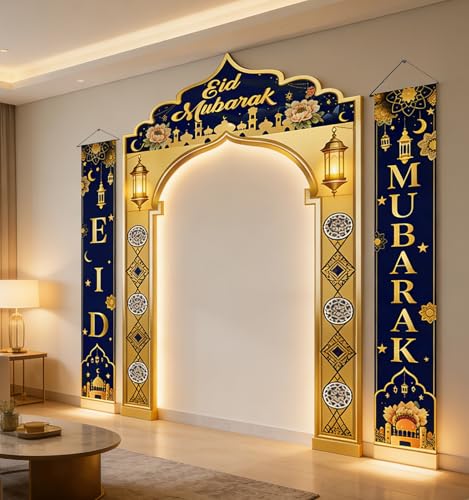 3 IN 1 Eid Mubarak Banner Decorations, Islamic Mosque Archway Backdrop with Eid Mubarak Hanging Banners, Ramadan Eid Decor for Home Door Wall Indoor Outdoor