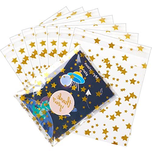 COQOFA 100 Pcs Star Printed Sealable Gift Wrap Cello Cellophane Bags Self sealing Adhensive Treat Bags Party Favor bags (4x6inch, Gold)… - color: Gold(Self-sealing), size: 4x6 in